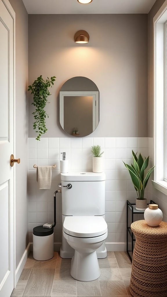 A modern small bathroom featuring compact fixtures, a round mirror, plants, and a clean, minimalist design.