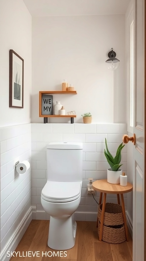 A well-designed tiny powder room featuring a compact toilet, a wooden table with plants, and a small wall shelf.