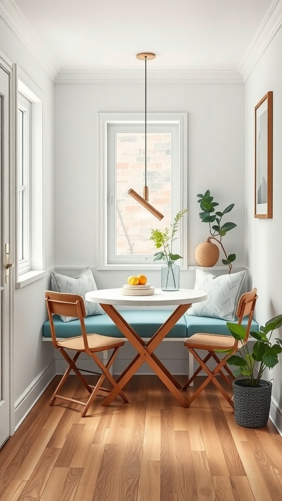 A cozy and compact breakfast nook with a round table, folding chairs, and soft bench seating near a window.