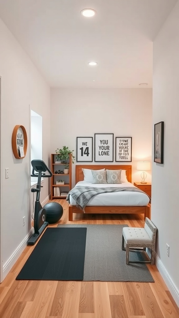 Compact home gym setup with a stationary bike, stability ball, and cozy bedroom in the background.