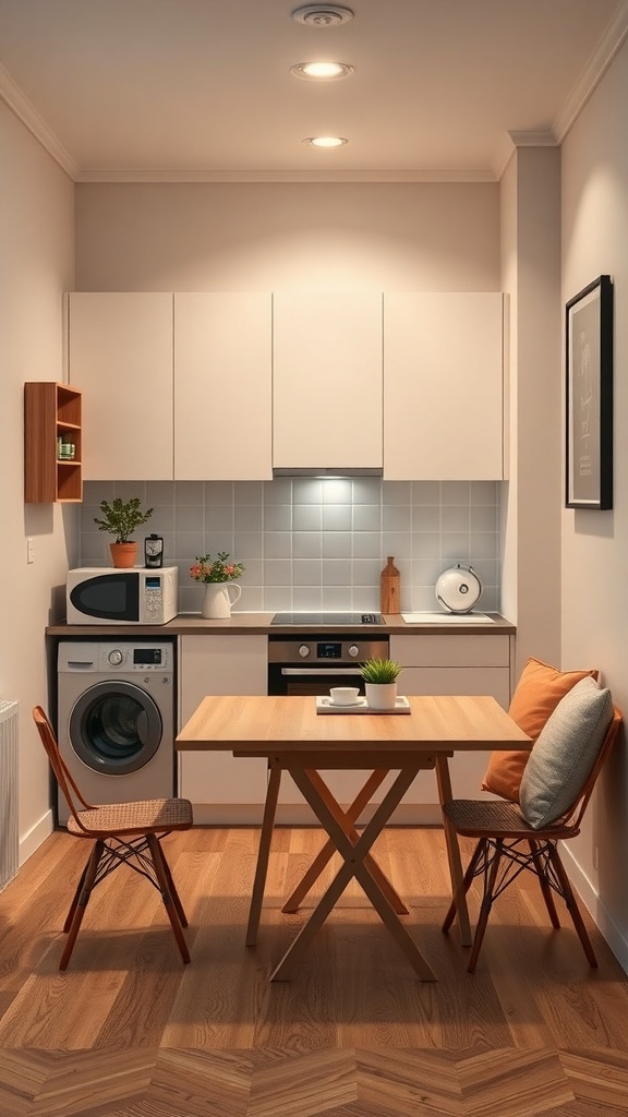 A compact kitchen featuring light-colored cabinets, a small dining table, and essential appliances like a washer and microwave.
