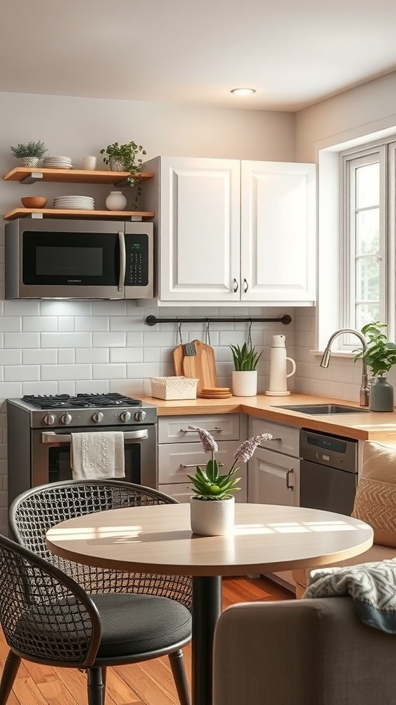 A compact kitchen featuring white cabinets, wooden countertops, and a small dining table with plants.