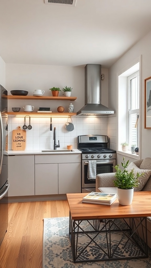 A stylish compact kitchen in a tiny apartment featuring modern appliances, open shelving, and a cozy seating area.