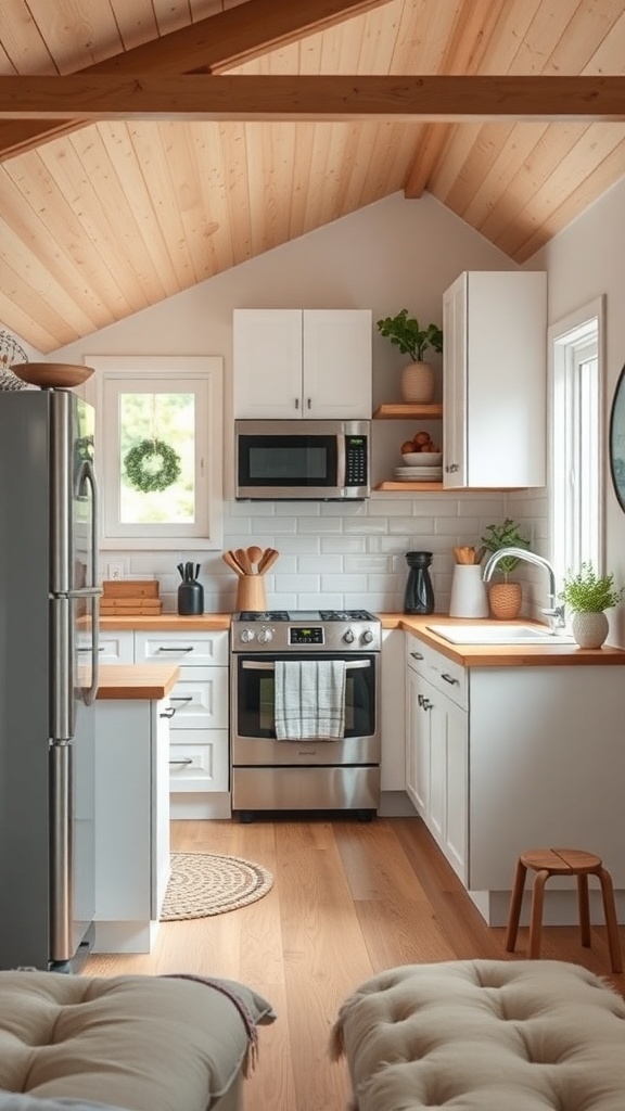 Stylish compact kitchen with wooden accents and modern appliances