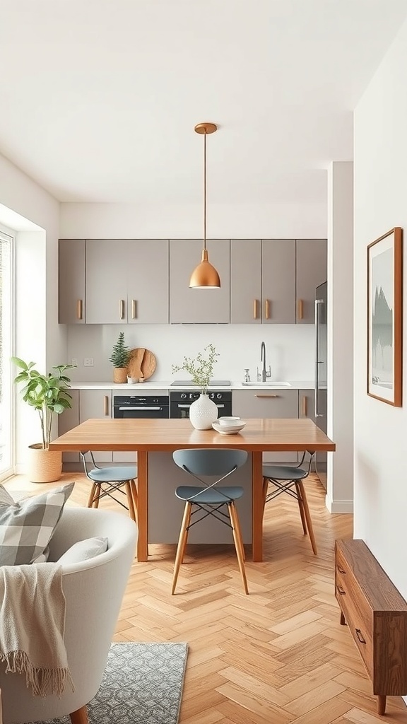 A modern narrow kitchen featuring a compact wooden island and stylish furniture.