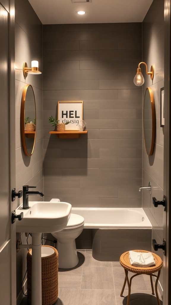 A stylish tiny half bathroom with modern lighting fixtures and minimal decor.