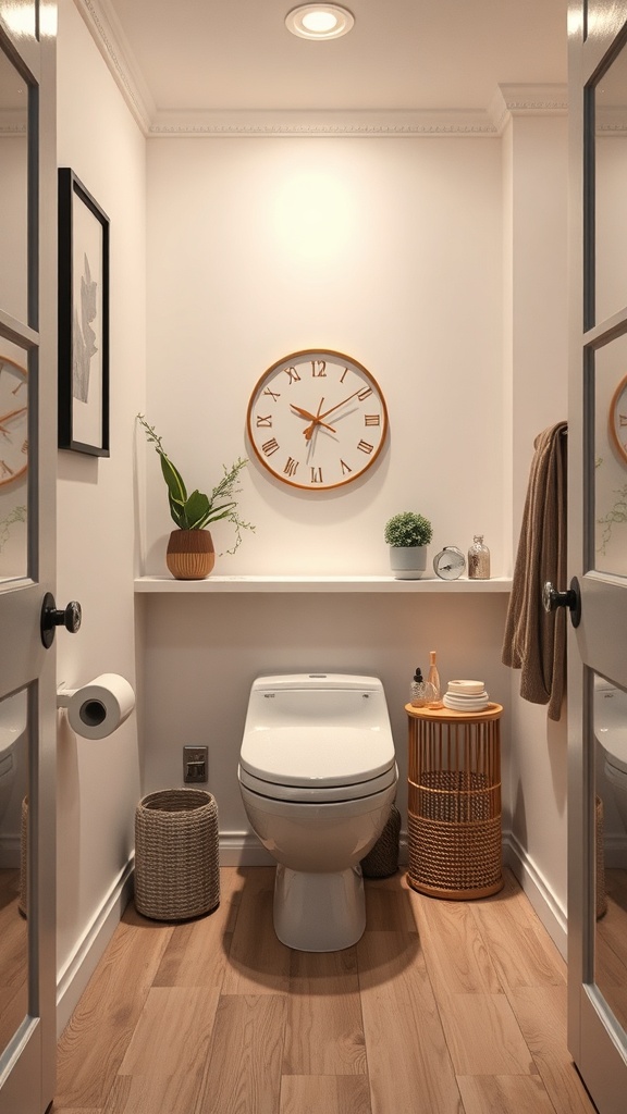 A compact toilet room featuring recessed lighting, a clock, and decorative plants.