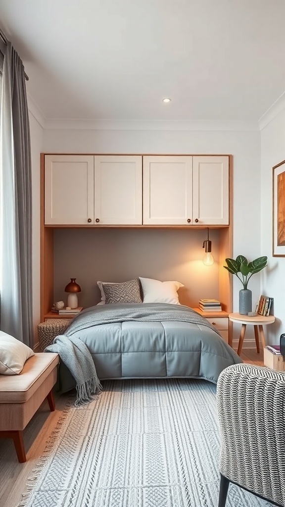 A stylish compact bedroom showcasing a Murphy bed with storage above, featuring soft gray bedding and warm wooden accents.