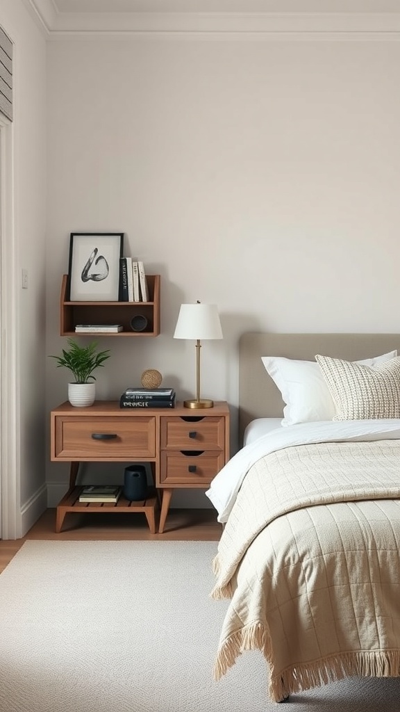 Compact nightstand with storage in a modern bedroom setting.