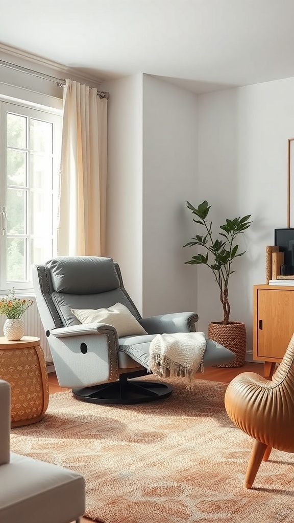 A compact recliner in a modern living room with a cozy decor setup.