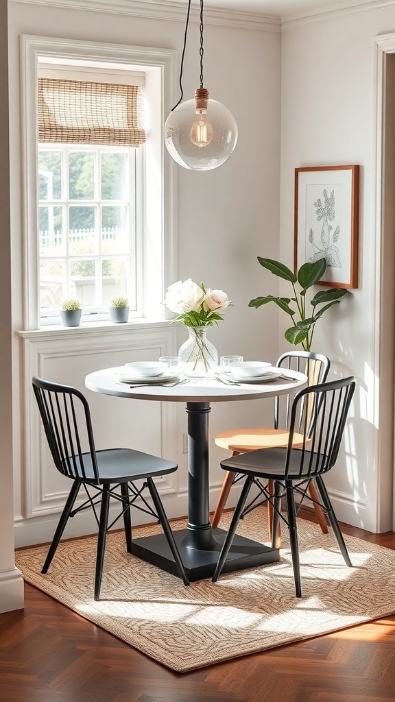 A compact round dining table set for two, surrounded by stylish chairs and decorated with flowers.
