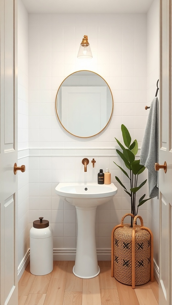 A compact sink in a tiny toilet room with a warm light, round mirror, and decorative storage