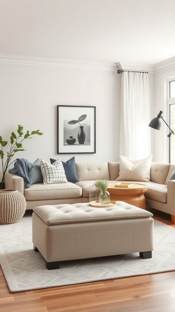 A cozy living room featuring a beige storage ottoman, perfect for compact storage.