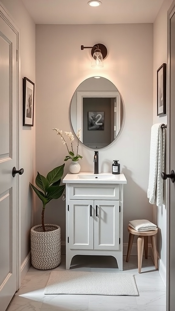 Compact modern half bathroom with a white vanity, round mirror, and decorative plants.