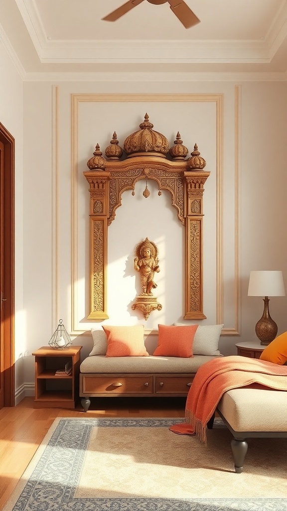 A beautifully designed wall-mounted mandir with intricate carvings, set above a cozy seating area with orange cushions.