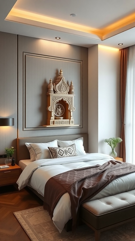 A compact wall-mounted mandir in a cozy bedroom, featuring intricate carvings and soft lighting.