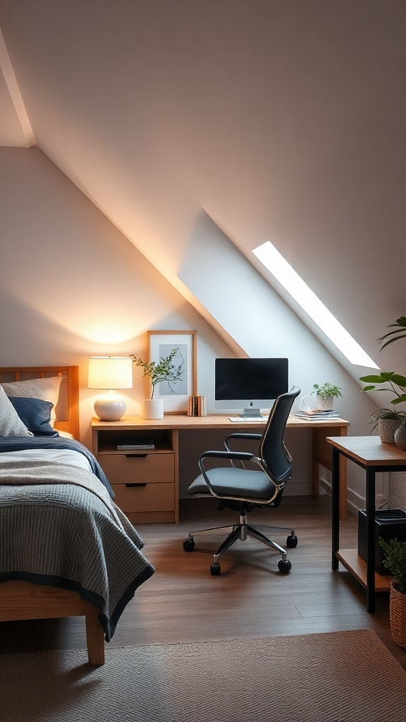 A compact workstation in a tiny attic bedroom featuring a desk, a computer, and a cozy bed.