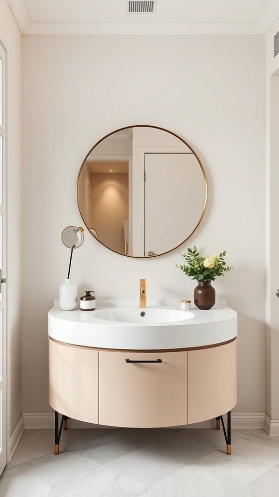 A contemporary round vanity with a white countertop, peach cabinet, and circular mirror.