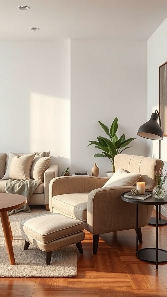 A stylish convertible armchair in a cozy living room setting, accompanied by a small side table and a modern couch.