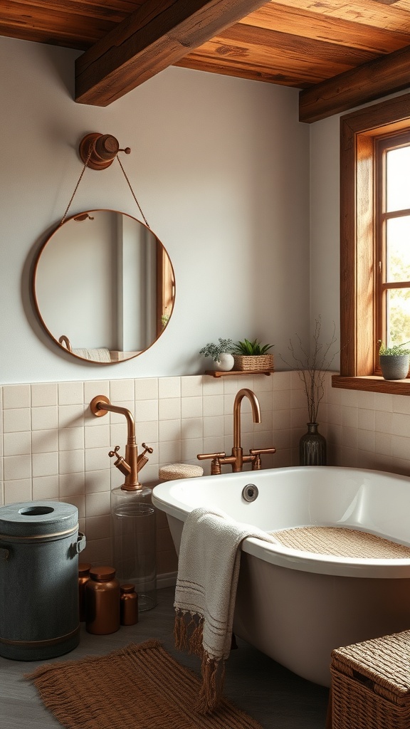 A rustic bathroom featuring copper accents, a round mirror, and wooden elements.