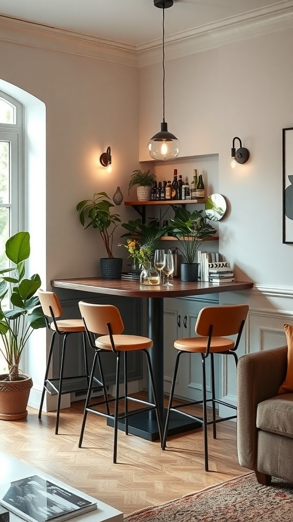 A stylish corner bar table with stools, surrounded by plants and warm lighting.