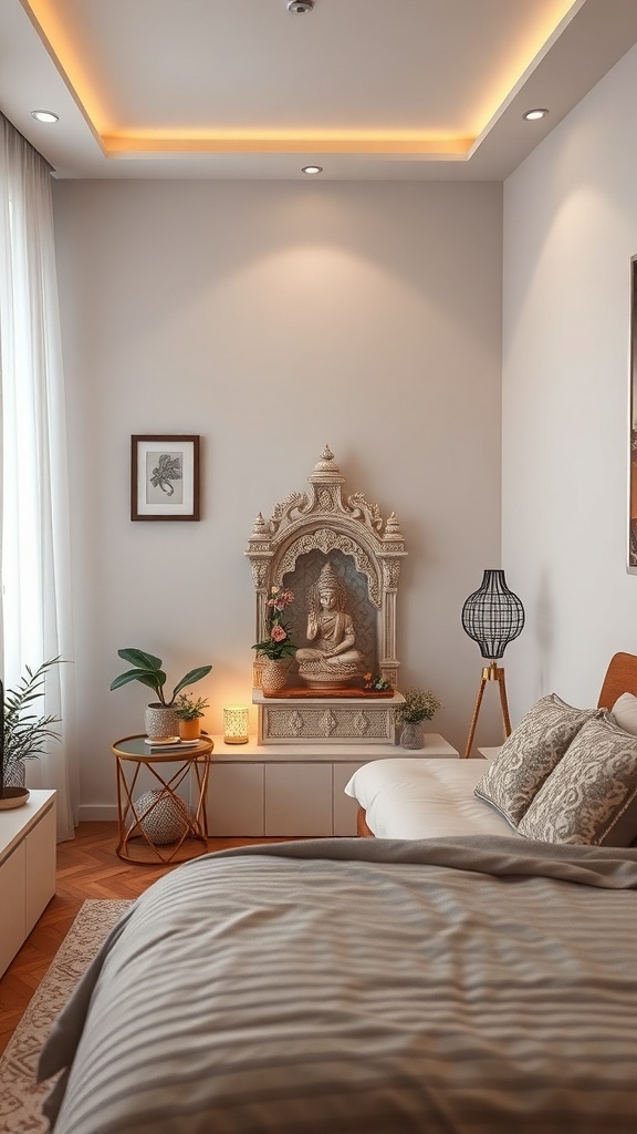 A corner mandir with intricate carvings and a calming statue, surrounded by plants and soft lighting.