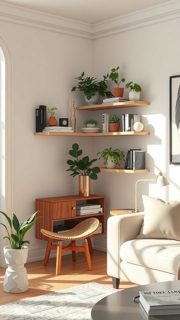 A cozy corner featuring wooden shelves with plants and books.