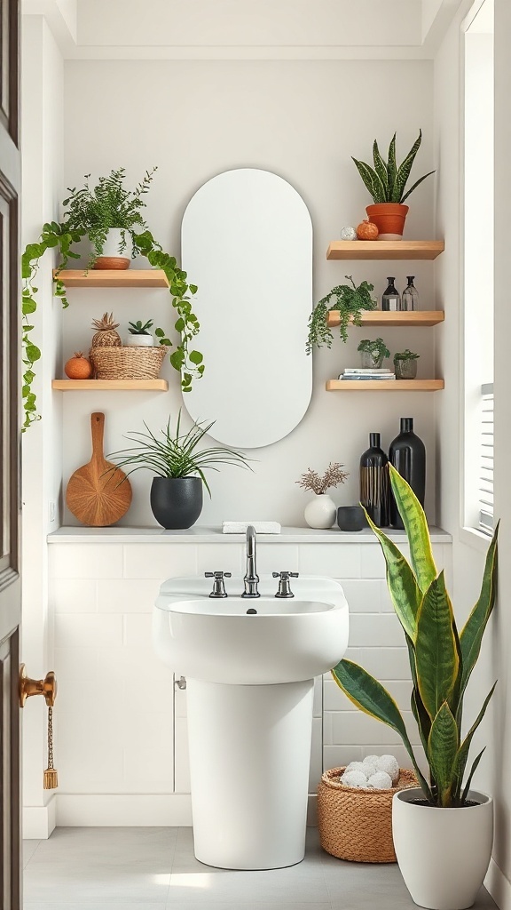A small bathroom featuring stylish corner shelves filled with plants and decorative items.