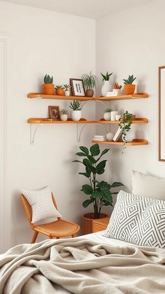 Corner shelves with plants and decorative items in a cozy bedroom.