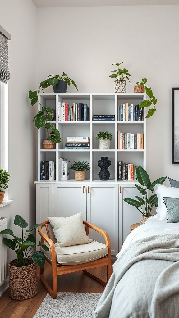 A cozy corner shelf unit filled with books and plants, creating a warm and inviting reading nook.