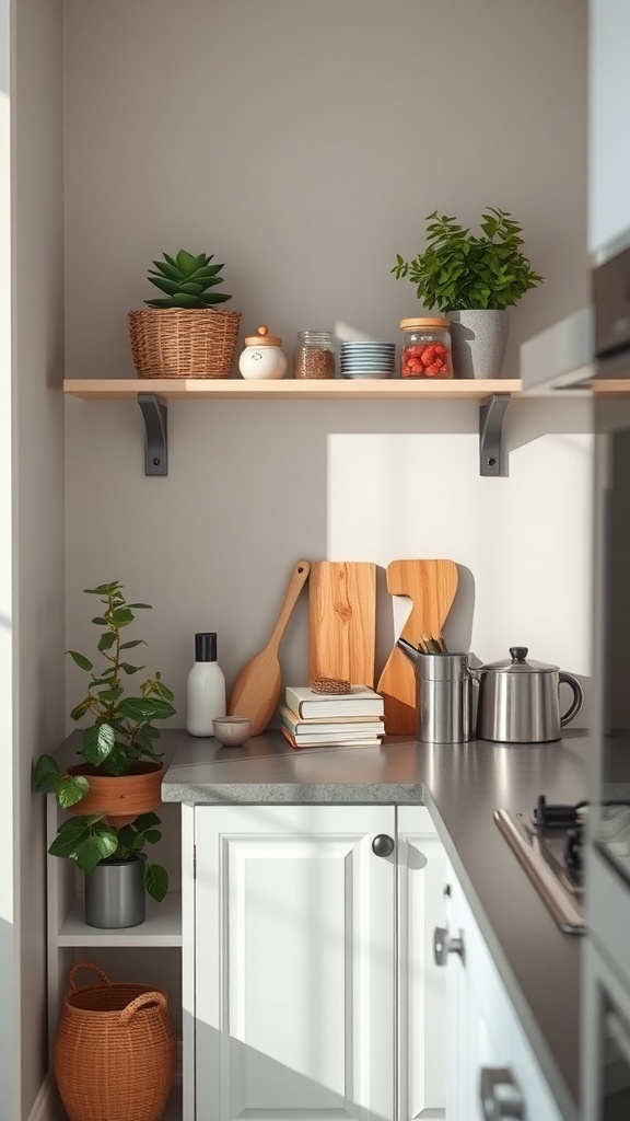 A corner kitchen area with shelves displaying plants, kitchen utensils, and decorative items.