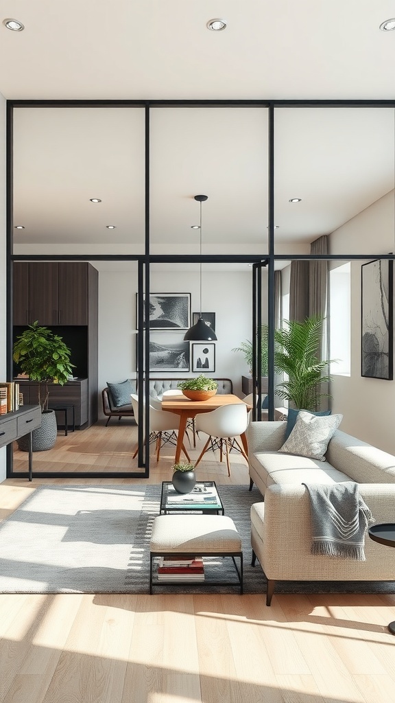A modern living space featuring a glass partition wall that separates different areas while allowing light to flow through.