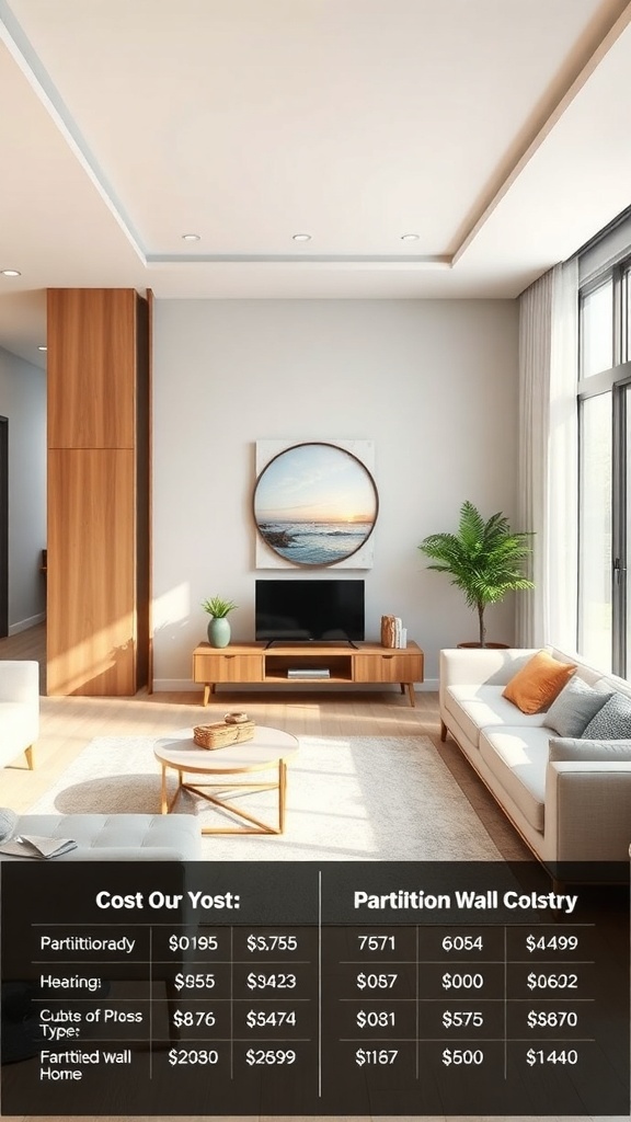 Detailed cost breakdown of partition walls with design options and expenses.