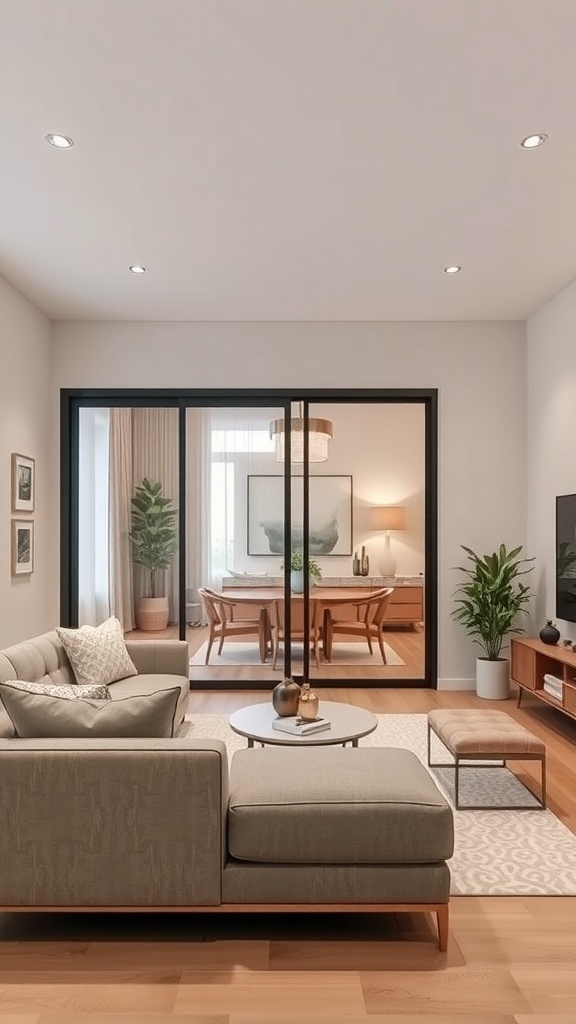 A living room featuring a modern sliding partition, separating it from a dining area.