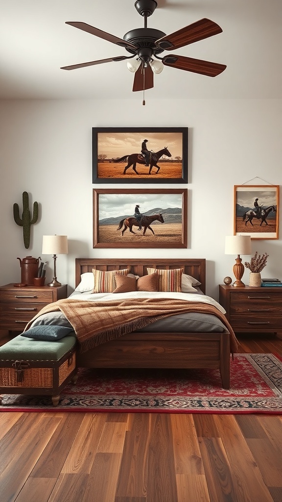 A cozy western-style bedroom featuring cowboy-inspired artwork on the walls, a wooden bed, and rustic decor.