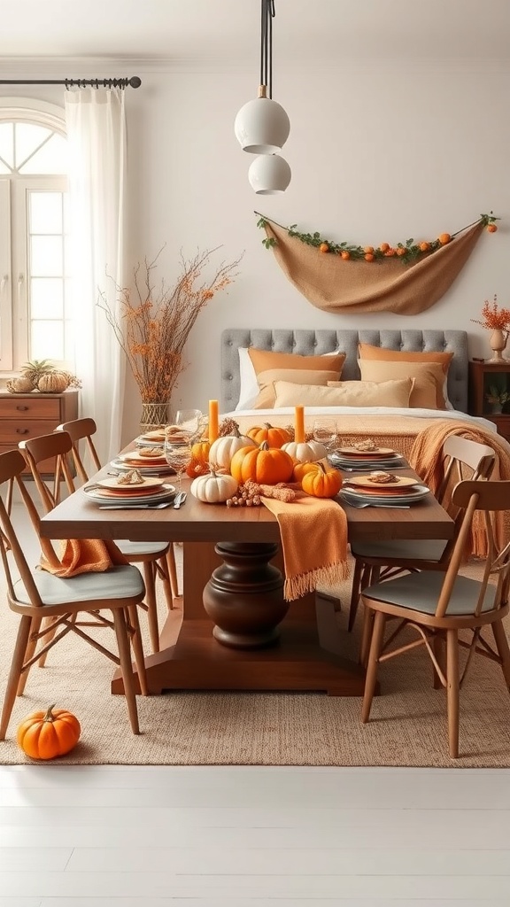 A cozy autumn dining table decorated with pumpkins, orange accents, and candles.