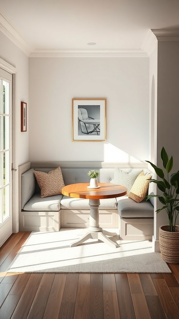 Cozy breakfast nook with corner seating, round table, and decorative pillows.