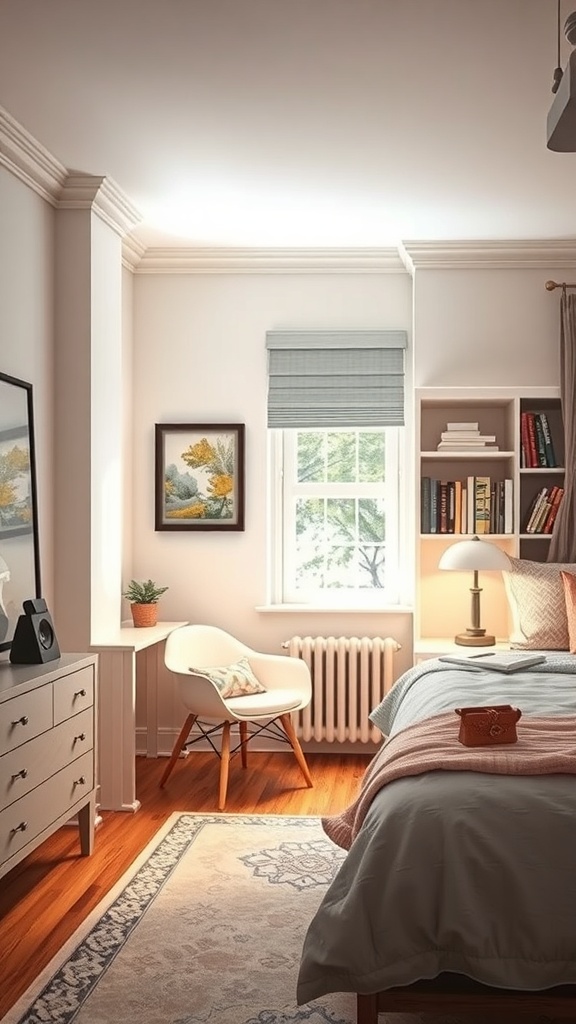 Cozy bedroom study nook with a chair, bookshelf, and warm lighting