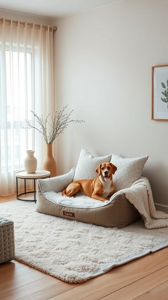 A cozy dog bed in a bright room with a dog resting on it.