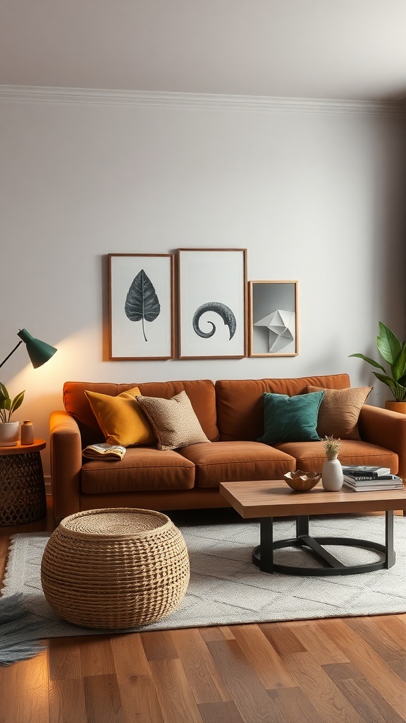 Cozy living room with a brown sofa, colorful cushions, wooden coffee table, and earthy decor.