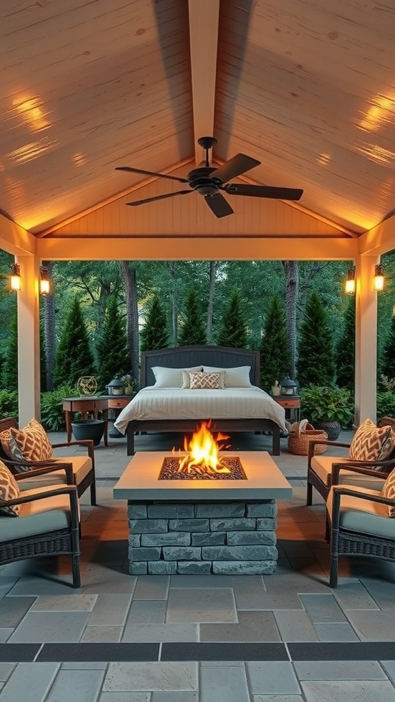Cozy outdoor fire pit area with comfortable seating and a covered patio.
