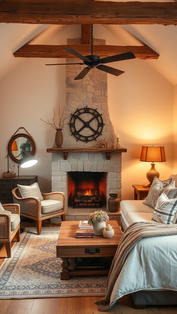 Cozy fireplace nook in a western bedroom with stone fireplace, wooden beams, and comfortable seating.