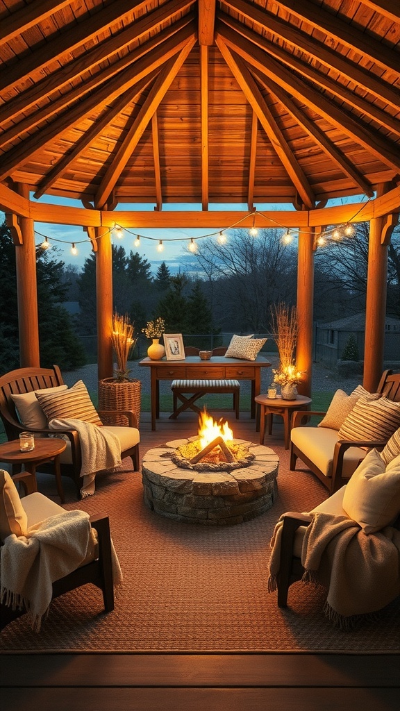Cozy gazebo with a fire pit surrounded by comfortable seating and string lights.