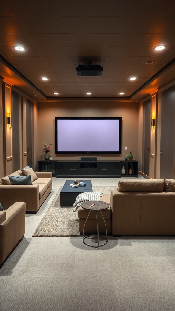 Cozy home theater setup in an unfinished basement with comfortable seating and a large screen.