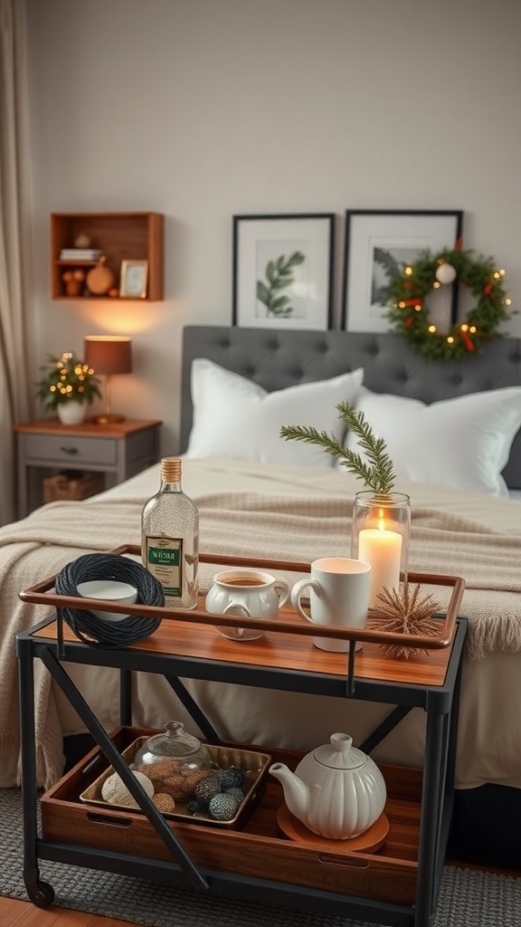 A cozy hot beverage bar set up on a wooden cart, featuring a teapot, mugs, a candle, and decorative items.