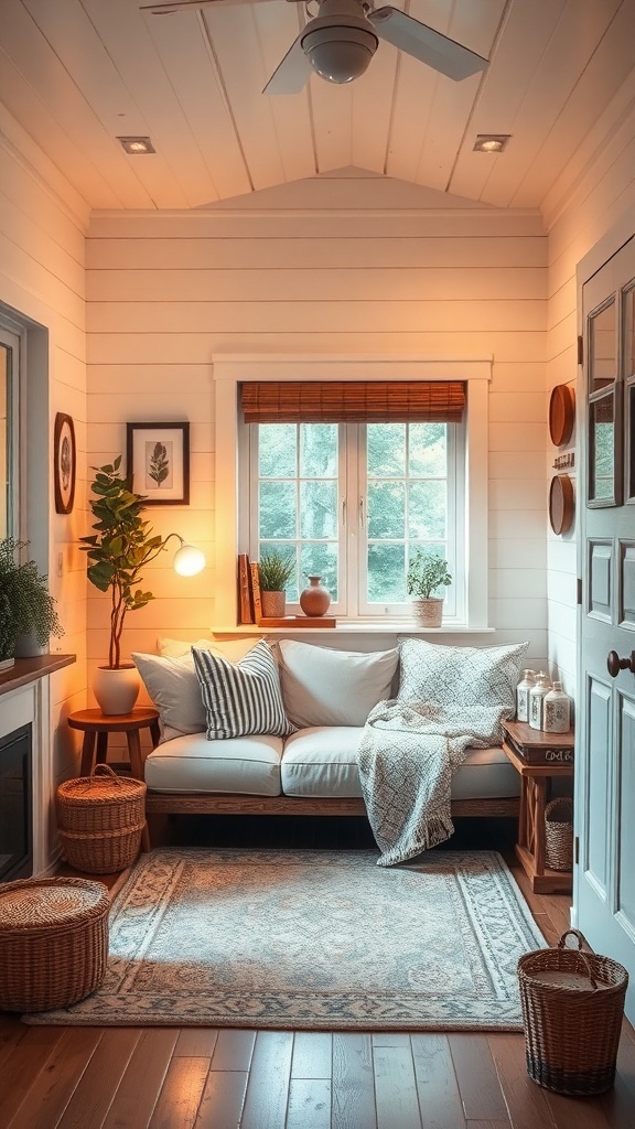 Cozy living room nook in a tiny cottage with a couch, pillows, and plants.