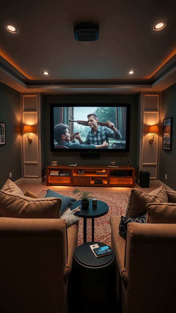A cozy home theater setup featuring plush seating, a large screen displaying a movie, and warm lighting.