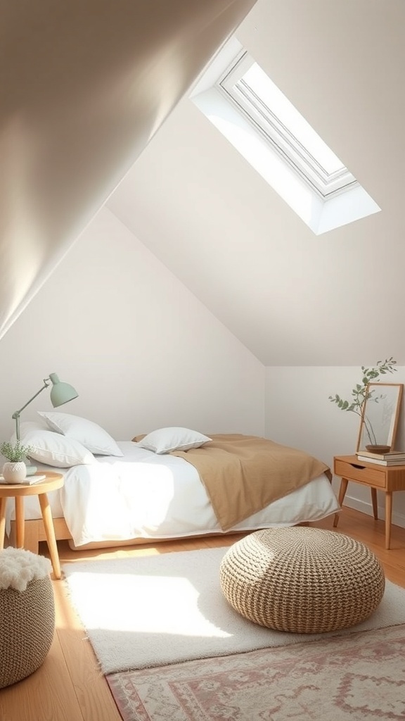 Cozy attic bedroom with a skylight, a bed dressed in white and brown, a knitted pouf, and a wooden table with a lamp.