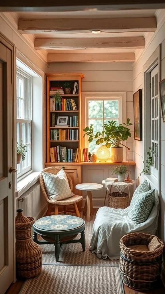 A cozy reading corner in a tiny cottage, featuring bookshelves, plants, and comfortable seating.