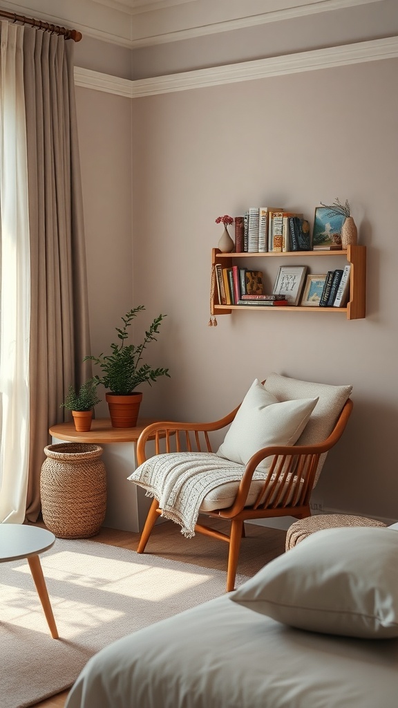 A cozy reading nook featuring a wooden chair, books on a shelf, potted plants, and soft lighting.